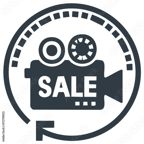 Video camera sale emblem, symbol of discounts on production equipment and accessories