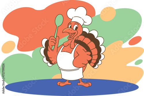 Cartoon turkey chef holding spoon and giving thumbs up