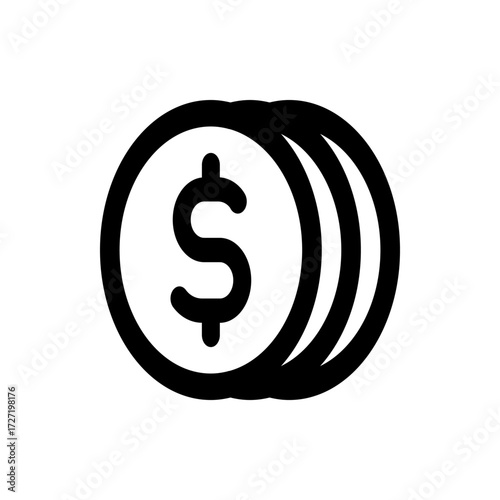 A simple black and white illustration of a stack of coins with a dollar sign on the front coin design