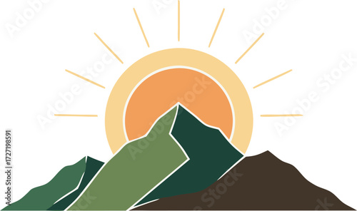 Illustration of a mountain range with a large orange sun and radiating rays, representing dawn, fresh beginnings, nature, and adventure
