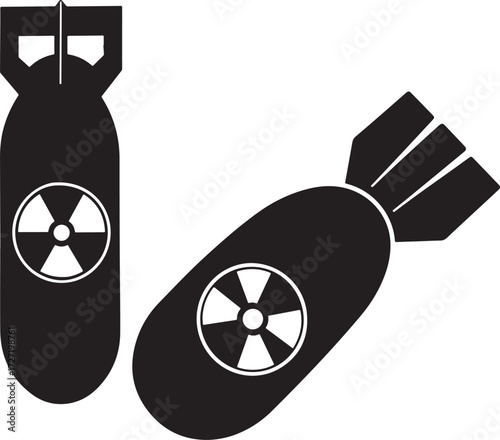 Two stylized atomic bombs with radiation symbols in silhouette