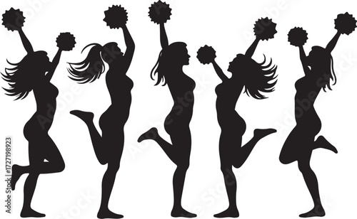 Five black silhouettes of cheerleaders jumping with pom poms