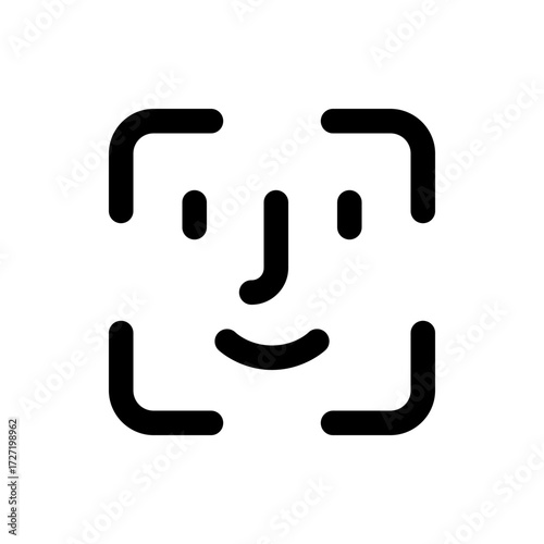 A simple black and white face recognition icon with rounded corners and a minimalist design aesthetic used