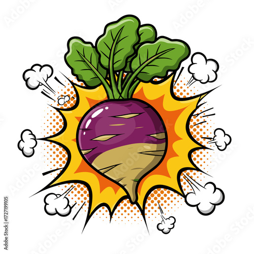 Cartoon radish with green leaves in explosion comic style  
