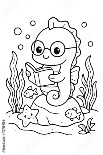 Cartoon seahorse with glasses reading a book underwater illustration