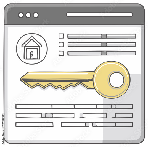 Online platform interface with house symbol and prominent key representing property search and security