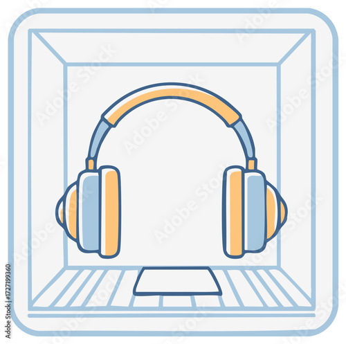 Stylized hand-drawn headphones icon depicted within an open laptop display for music and sound.