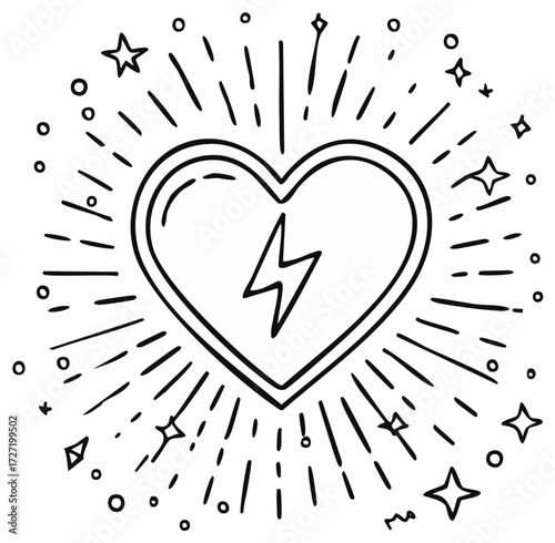 Heart with lightning bolt and shining light illustration, black outline