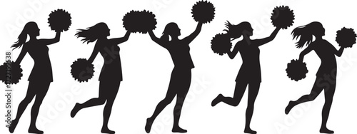 Five black silhouettes of cheerleaders with pom poms