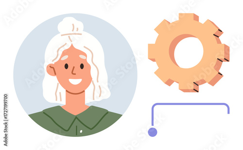 Smiling woman portrait beside gear icon linked by connector, symbolizing teamwork, ideas, innovation, and progress. Ideal for business, leadership, HR, career growth productivity networking