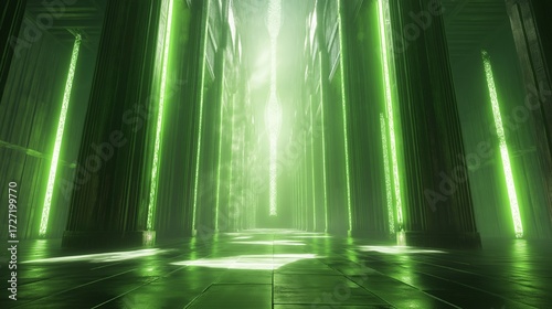 Grand green palace hall interior with reflecting light on checkered floor
