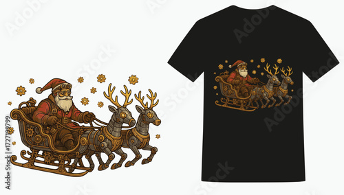 Steampunk Santa Claus Christmas Vector T-shirt Design, Mechanical Reindeer Steampunk Santa T-shirt Artwork, Vintage Gearwork Steampunk Christmas Santa T-shirt, Futuristic Steampunk Santa Sleigh Ride
