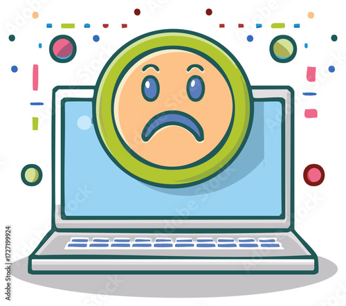Unhappy emoji icon on laptop screen symbolizing digital error computer malfunction and disappointment