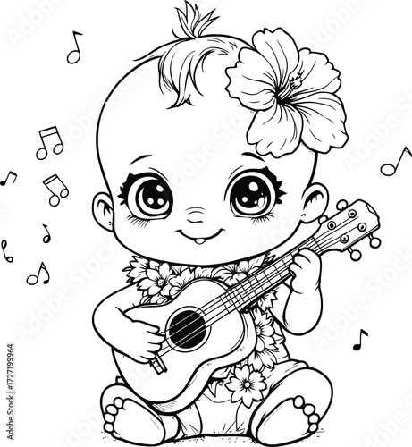 Musical Baby Vector Featuring Ukulele, Hibiscus Flower, and Tropical Lei in Black and White Line Art Style