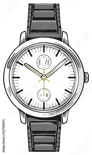 Classic style wristwatch with metal band and detailed face marking hours and timing seconds