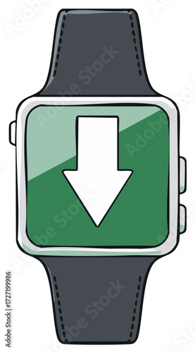 Smartwatch illustration with a downloading icon, digital, vector style