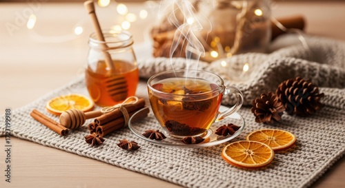 Fototapeta Naklejka Na Ścianę i Meble -  Cozy Winter Still Life with Herbal Tea. A warm and inviting still life featuring a steaming cup of herbal tea with orange slices and spices, honey jar, and cozy winter decor, creating a sense 