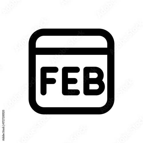 A simple black and white icon depicting a calendar page displaying the abbreviation feb for february month
