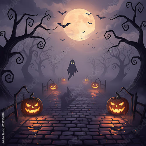 Spooky ghost and jack o lanterns on a cobblestone path at night isolated on transparent background