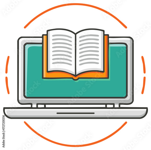 Open book appearing on computer screen symbolizing digital learning and online education