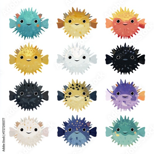 Playful pufferfish characters underwater scene digital illustration colorful environment close-up view marine life concept