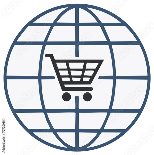 Shopping cart icon on globe, representing worldwide online commerce.