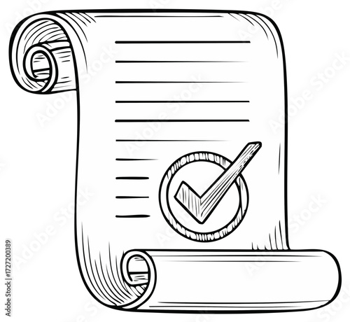 Aged Scroll Paper with a Valid Checkmark Symbolizing Verification and Approval Documents Agreement