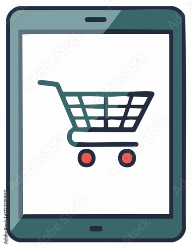Online Shopping on Tablet with Cart Symbolizing Internet Store Purchases