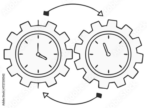 Interlocking gears with clocks synchronized to illustrate time management and mechanical precision