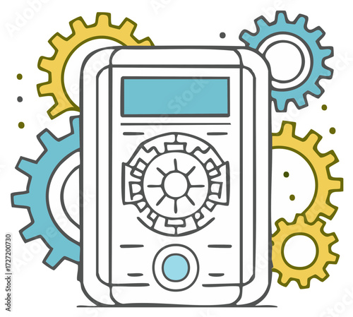Stylized Multimeter with Yellow and Blue Gears Around It Creative Vector
