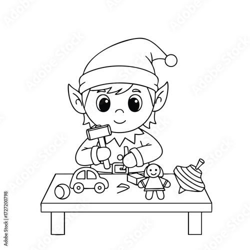 A cheerful character wearing a festive hat engages in playful crafting activities at a table filled with toys.
