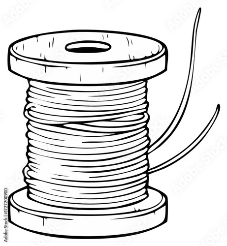 Cartoon spool of thread or wire black and white line art vector illustration for sewing and crafts
