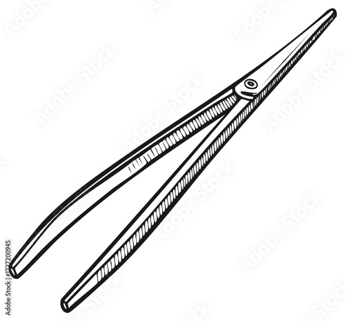 Precise cross-lock tweezers vector line art illustration, essential tool for crafting, hobby, and medical work.