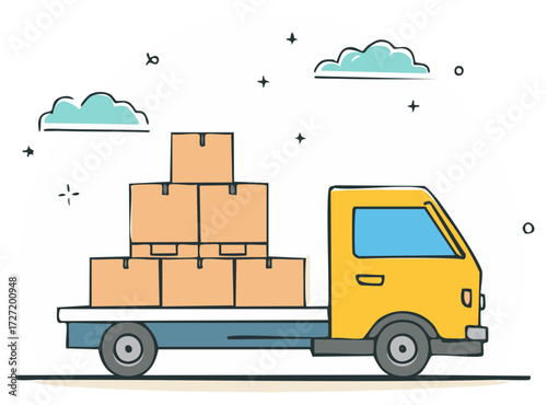 Yellow delivery truck loaded with stacked cardboard boxes, doodle art style with clouds and stars