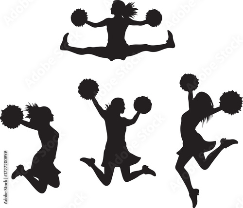 Four black silhouettes of cheerleaders in action poses