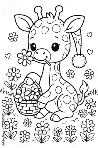 Cute baby giraffe sitting in flower garden illustration for coloring book