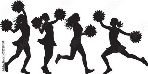 Four black silhouettes of cheerleaders with pom poms