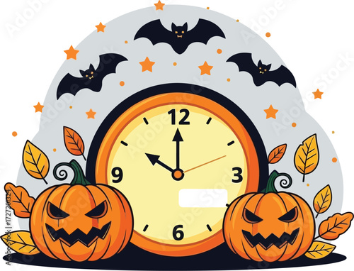 Halloween clock with pumpkins and bats shows the spooky season is here