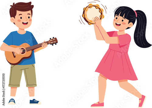 Children, music, fun, tambourine, ukulele, boy, girl, playing, happy, performance, white background, childhood, rhythm, sound, joy, preschool, activity, entertainment, musical, instruments