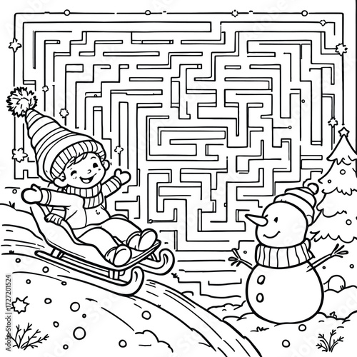 Winter Maze Puzzle Vector Featuring Sledding Child, Snowman, and Christmas Tree in Black and White Line Art Style