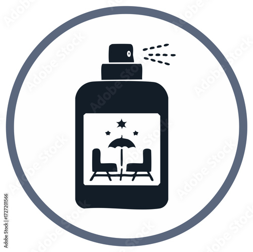 Spray bottle icon with seating under an umbrella design in a circle, spray, logo concept.