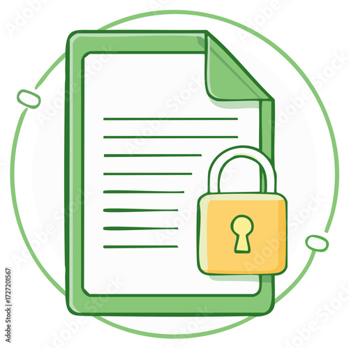 Secure document with padlock protection and outline, concept of data safety