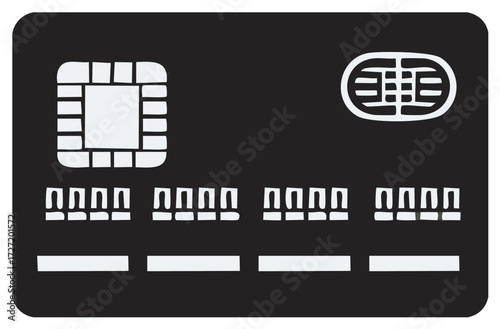 Credit card design with chip and number identifiers.
