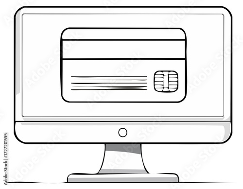 Credit card on computer screen illustration, financial transaction concept