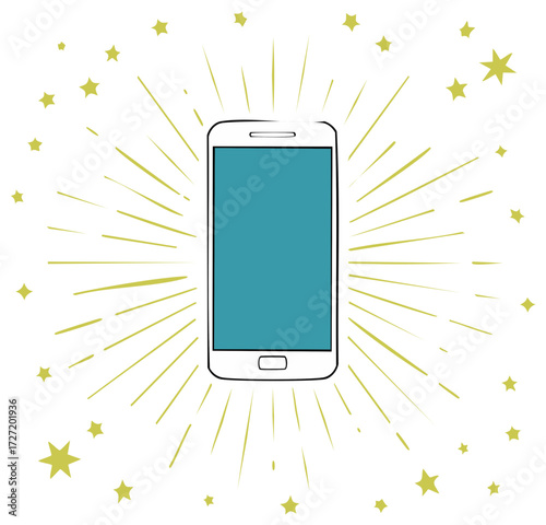 Digital mobile phone with blue screen surrounded by gold starbursts and scattered stars in a whimsical design.