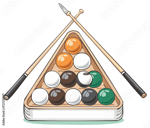 Cartoon illustration of racked billiard balls in a wooden triangle with crossed cues