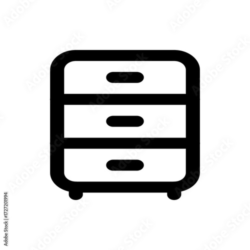 A simple black and white icon depicting a three drawer cabinet with rounded handles on a white background