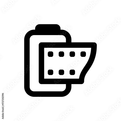 A simple black and white icon depicting a film roll with exposed negative strip on a plain white background