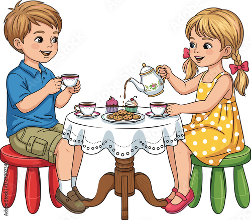Children having tea party with cupcakes, cookies, teacups, smiling faces, indoor play, pretend game, colorful fun, joyful kids activity.