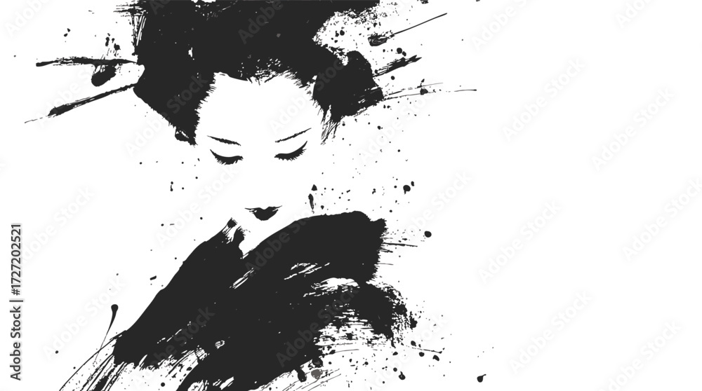 Naklejka premium Grunge ink painting of a traditional Japanese geisha with kimono in expressive brush art style